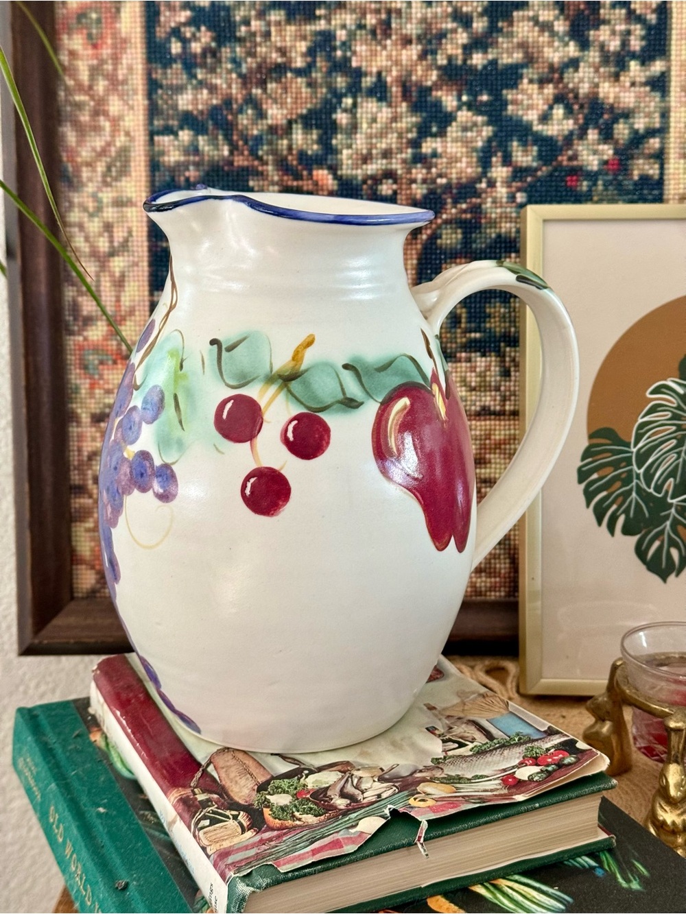 Vintage 1997 Clouds of Folsom Hand-Painted Fruit Pottery Pitcher / Vase